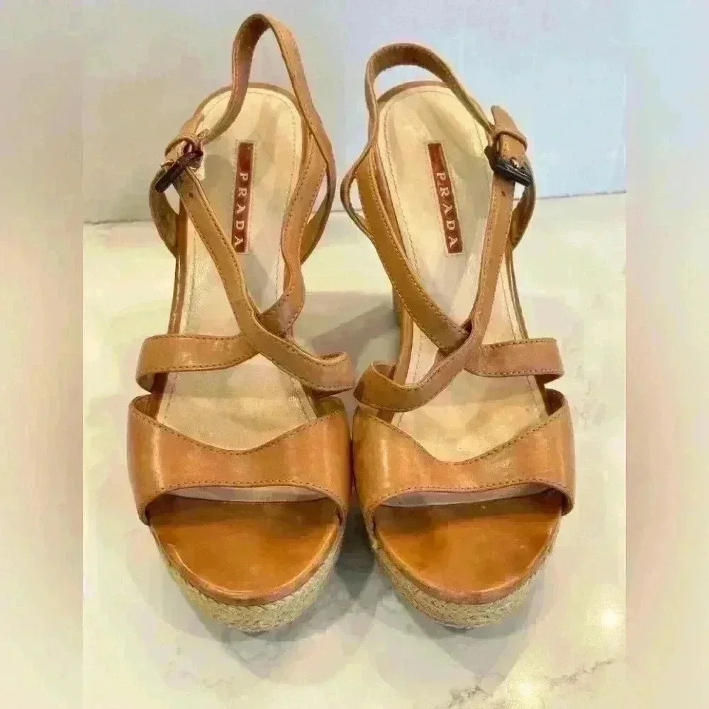 Prada Cork Wedge Strappy Tan Leather Sandals (Sz 37.5) - Picture 3 of 16
